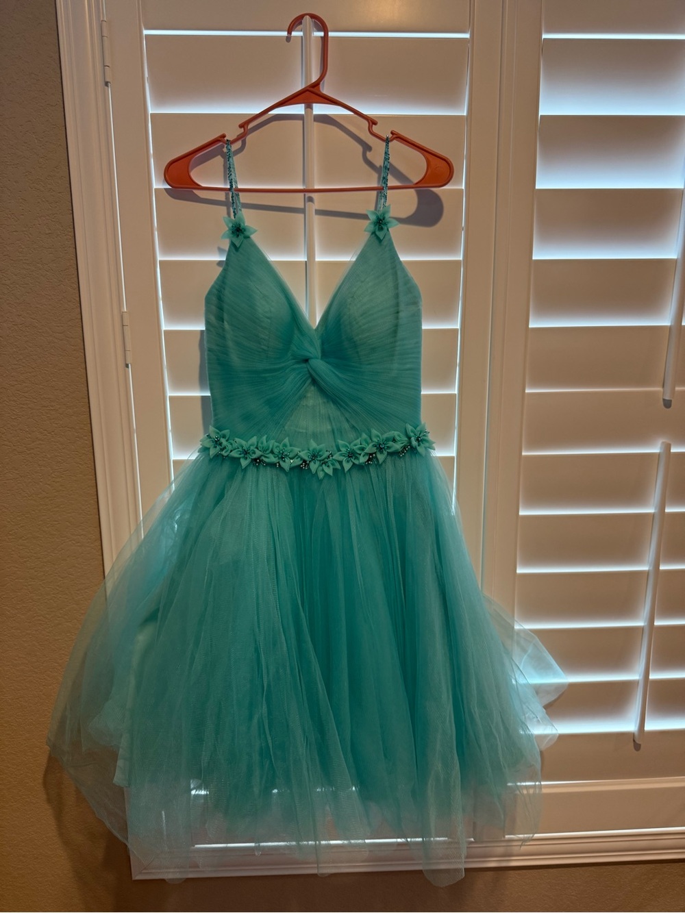 Terani Aqua Tulle Party Dress with Floral Waist